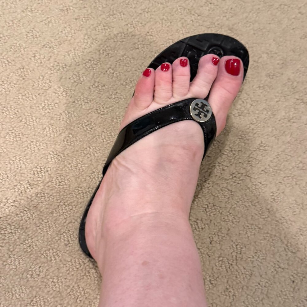 Tory Burch Black Patent Slides with Silver Hardware